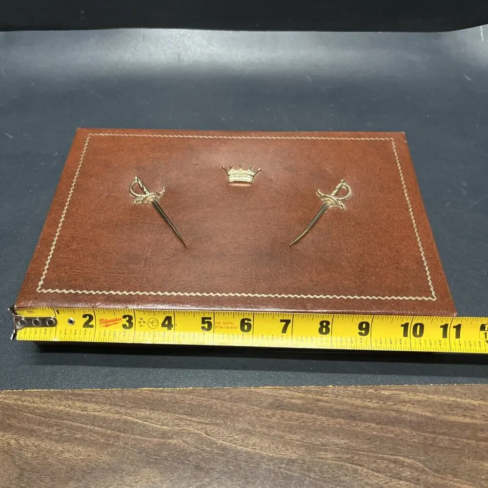 Vintage Dante Mens Jewelry Box Valet Box Faux Brown Leather, Swords & Crown